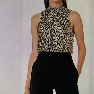 Donna Morgan Black Halter Gold Metallic Jacquard Top Stretch Crepe Jumpsuit